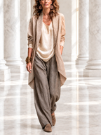 Constanza | Conjunto de tres piezas beige y gris con pantalón palazzo