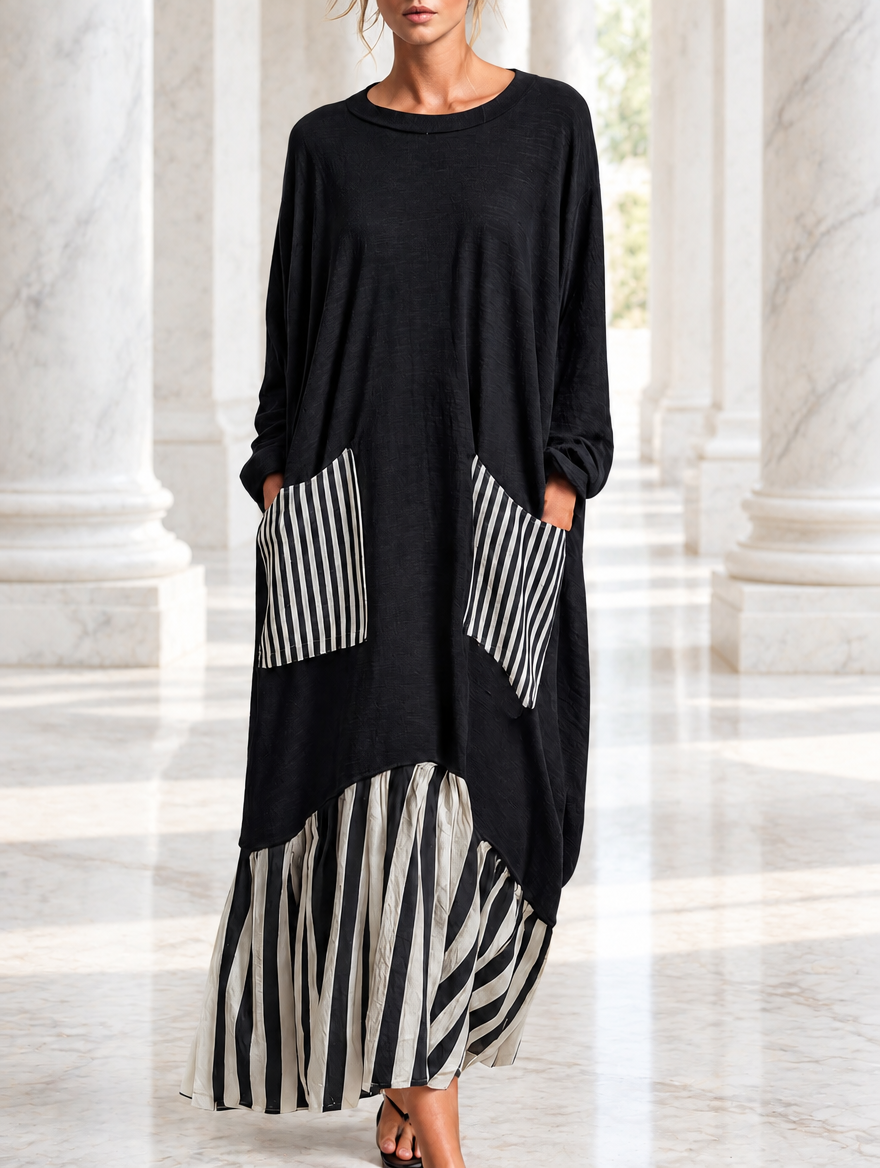 Alba | Vestido largo oversize de algodón negro con rayas efecto patchwork
