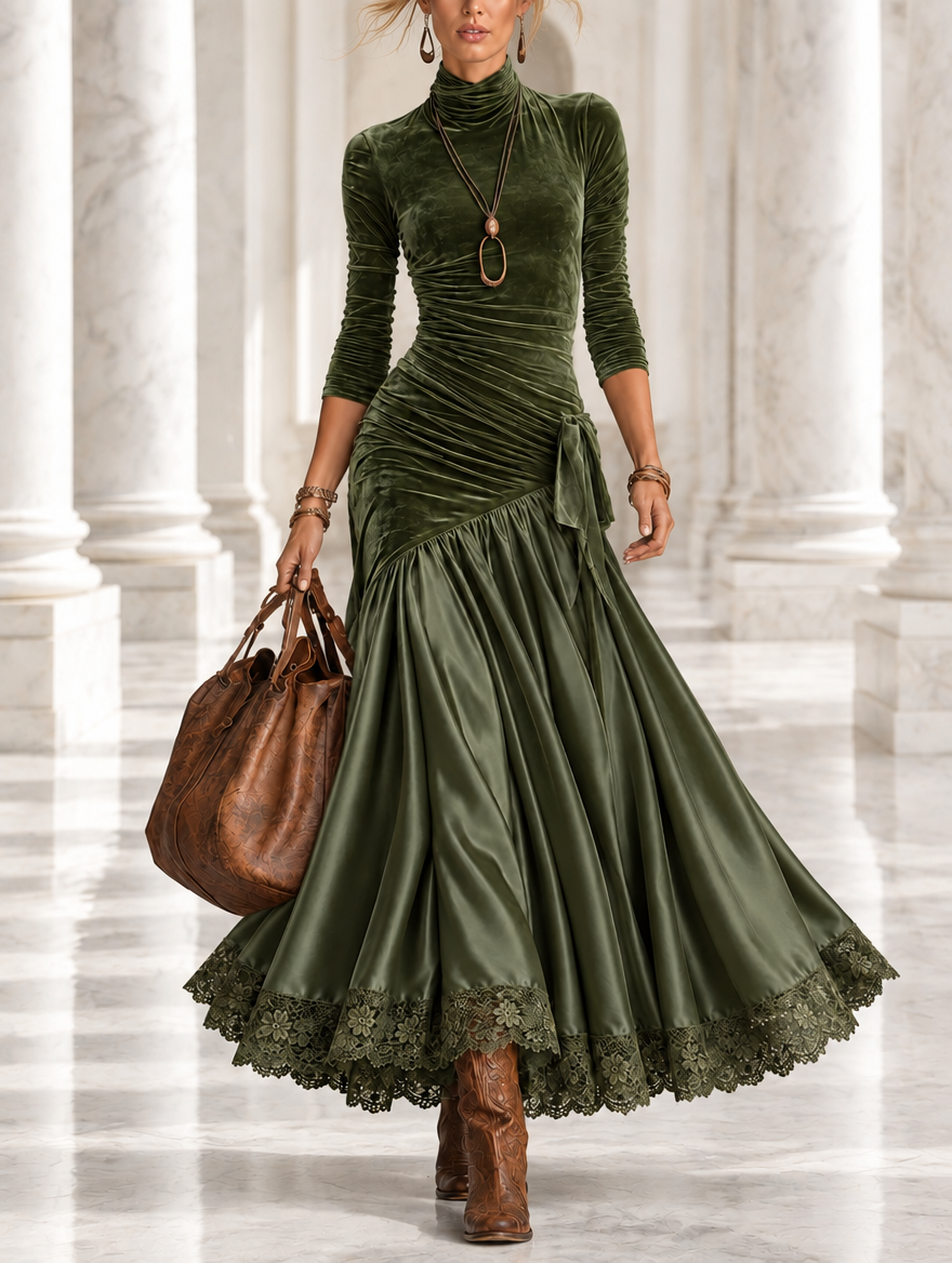 Nerea | Vestido largo de terciopelo y satén verde oliva con bajo de encaje