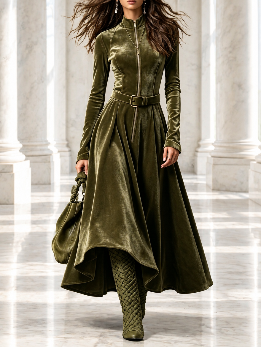 Vega | Vestido largo de terciopelo verde oliva con cremallera estilo vintage (cinturón incluido)
