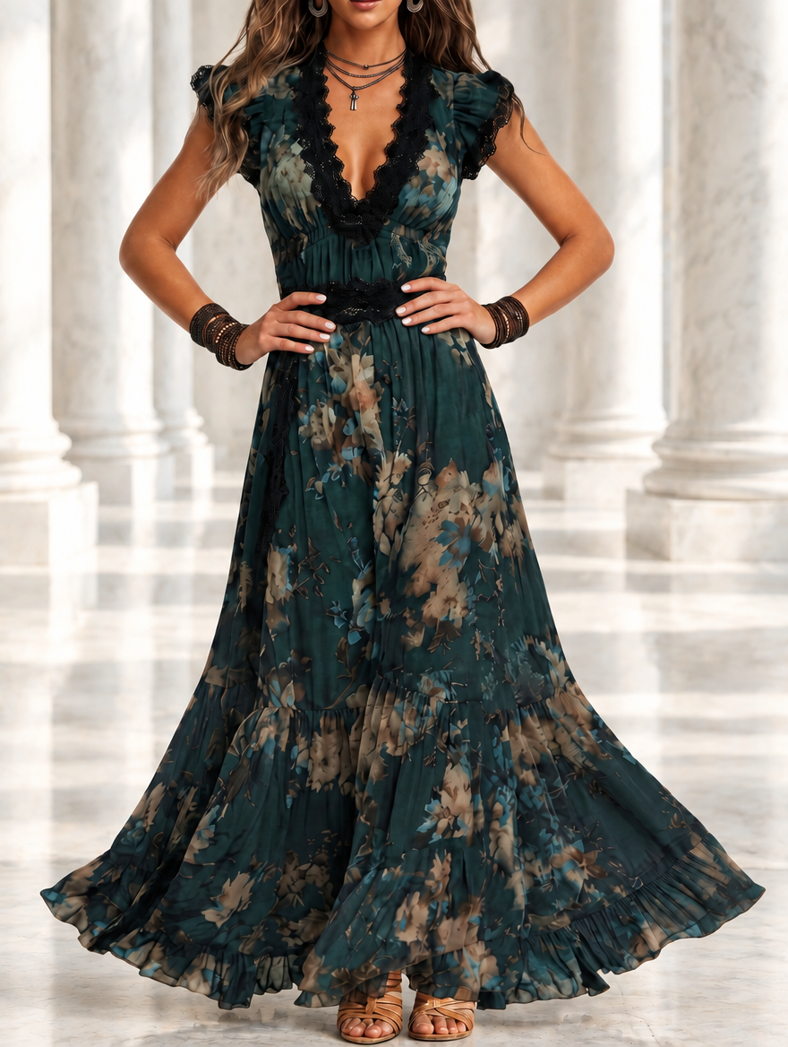 Luz | Vestido largo vintage de gasa verde oscuro con encaje floral