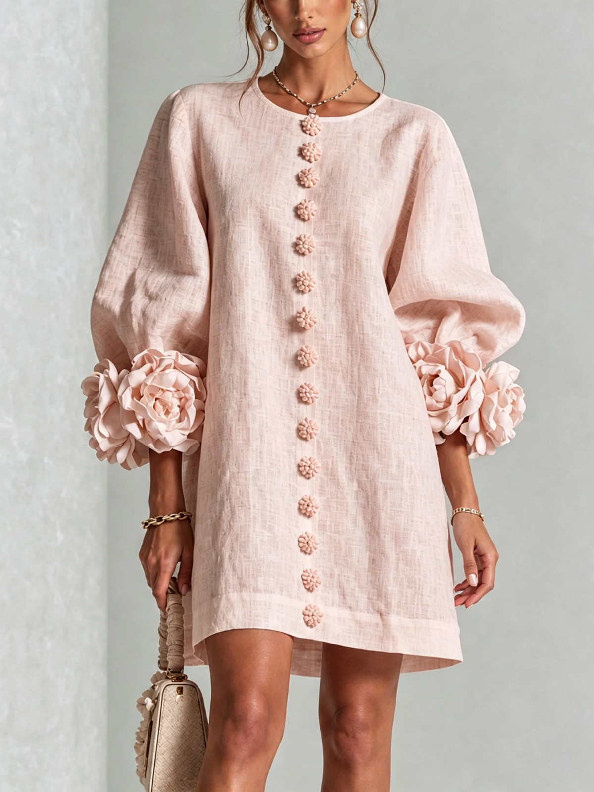 Bruna | Vestido corto de mezcla de lino con mangas abullonadas