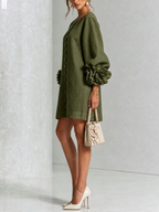 Bruna | Vestido corto de mezcla de lino con mangas abullonadas