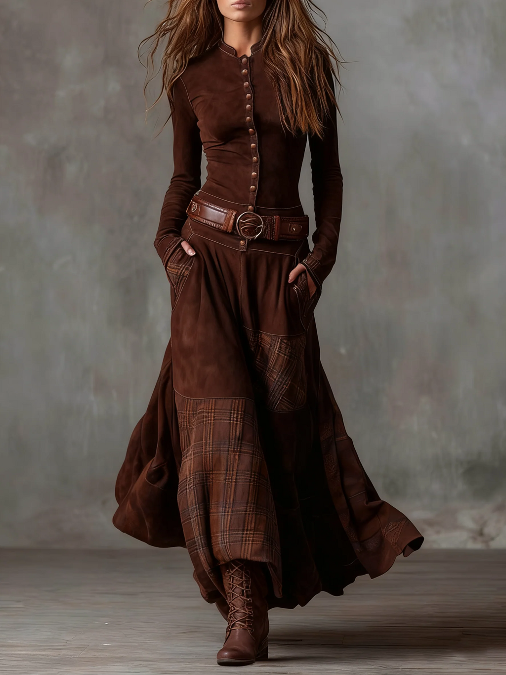 Candela | Vestido largo vintage de ante de cuadros (Incluye Cinturón)