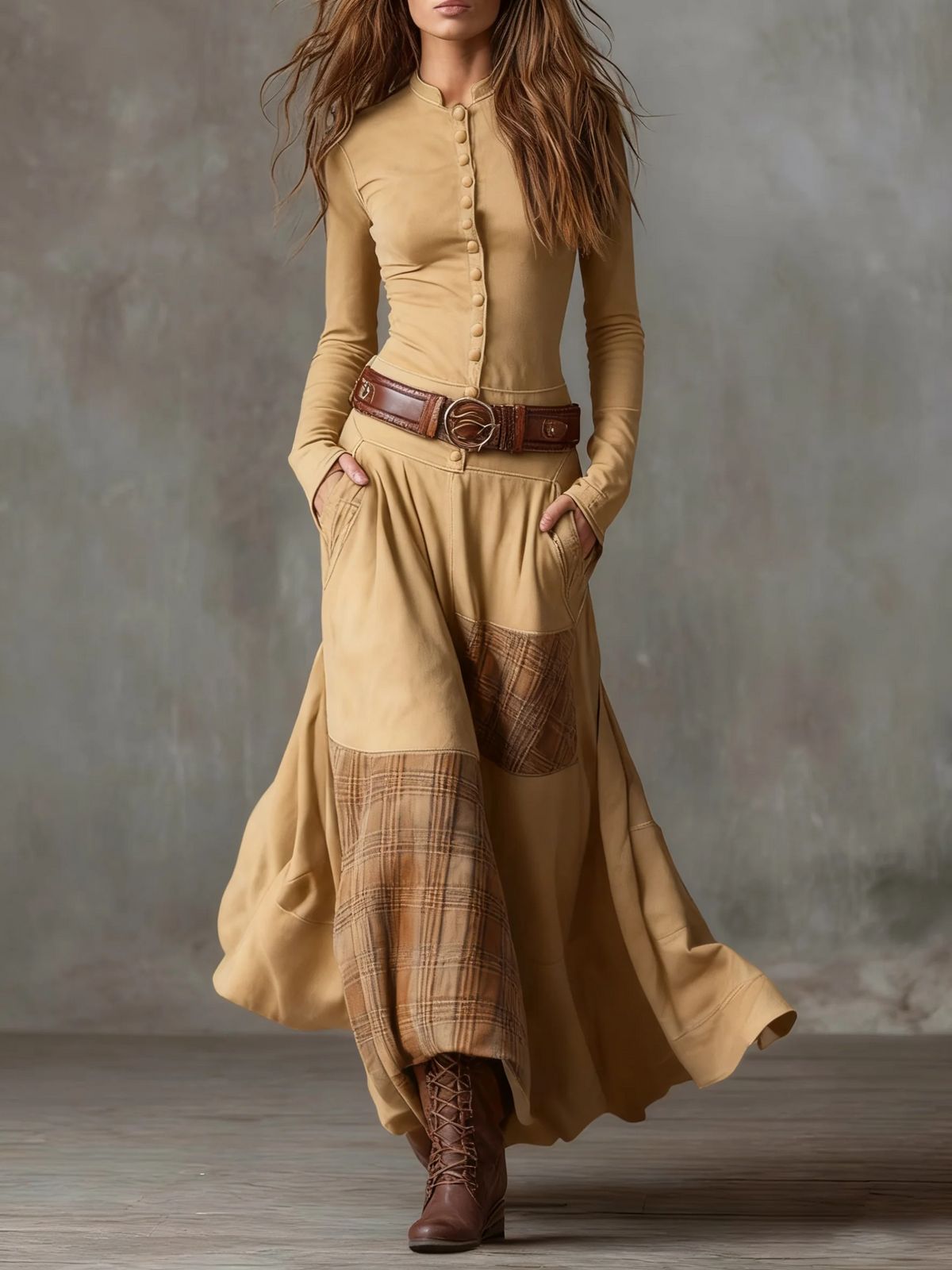 Candela | Vestido largo vintage de ante de cuadros (Incluye Cinturón)