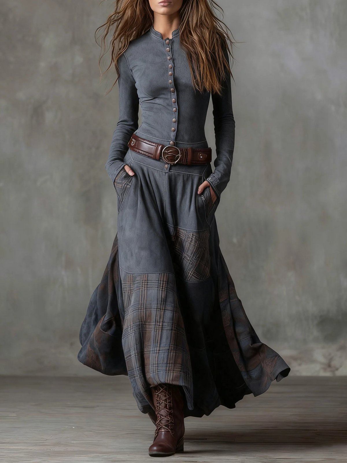Candela | Vestido largo vintage de ante de cuadros (Incluye Cinturón)