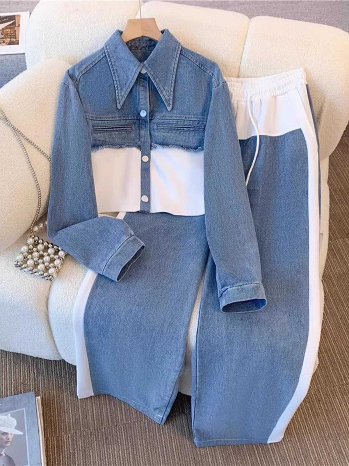 Georgina™ | Conjunto de Chaqueta Corta Color Block y Pantalón de Pierna Ancha