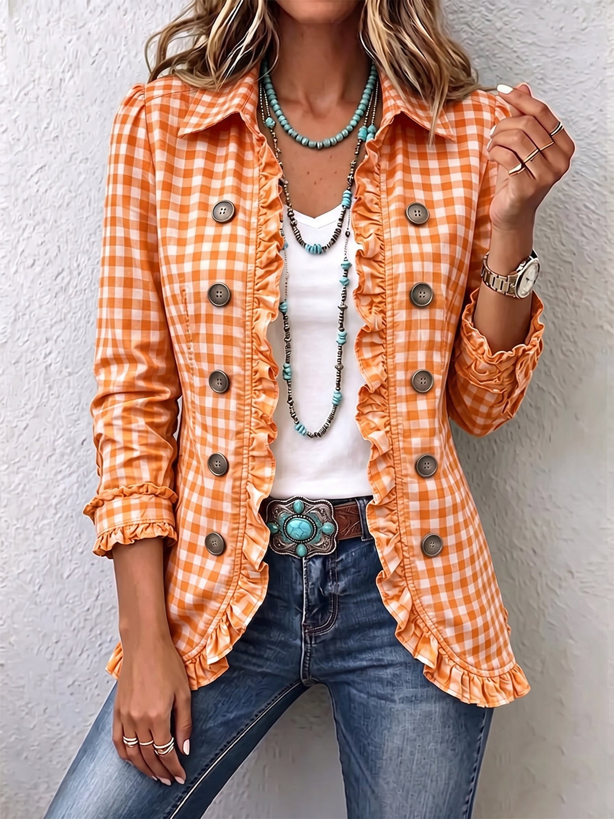 Manuela™ | Chaqueta de Cuadros Vichy con Volantes y Botones