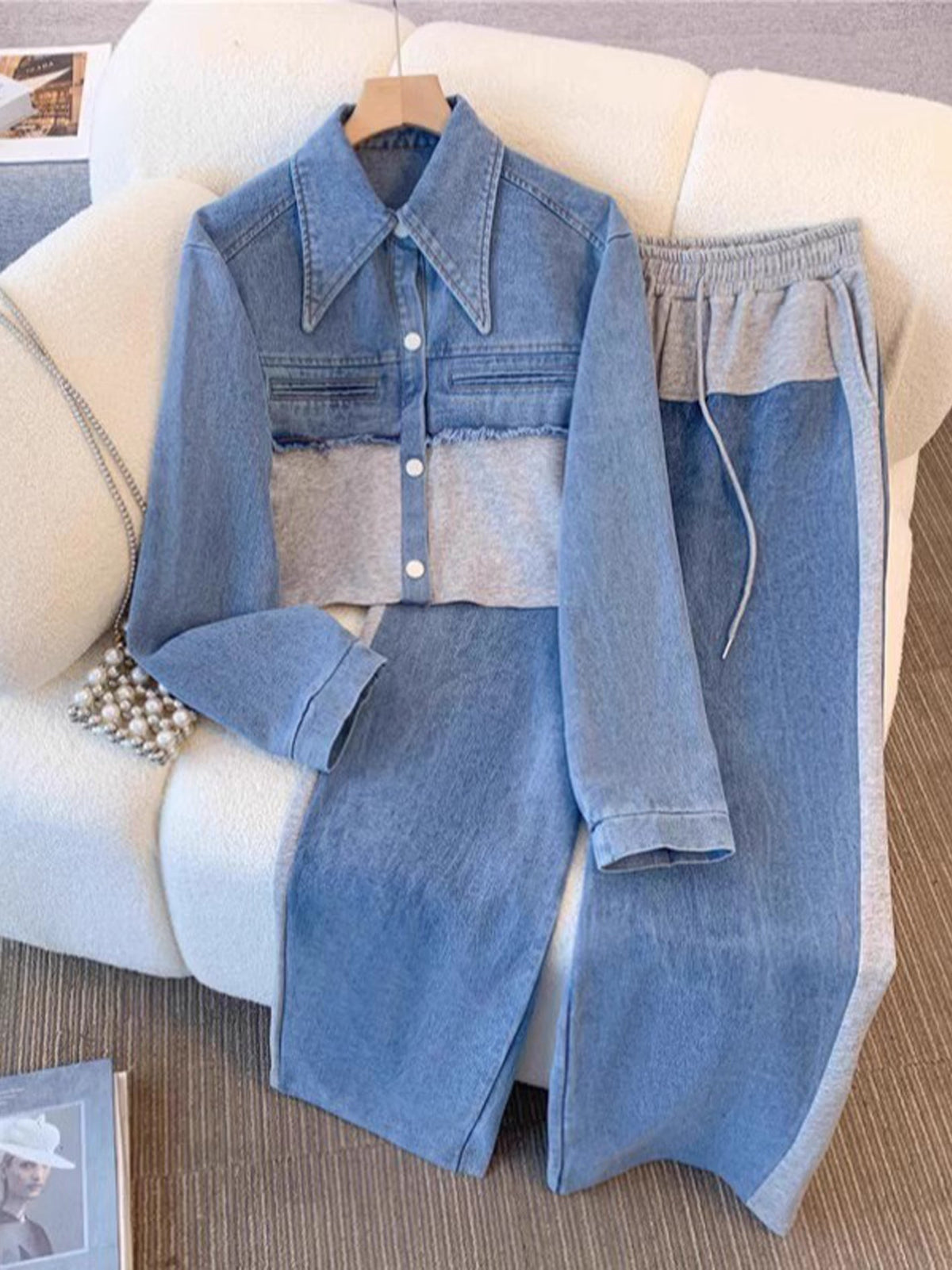 Georgina™ | Conjunto de Chaqueta Corta Color Block y Pantalón de Pierna Ancha