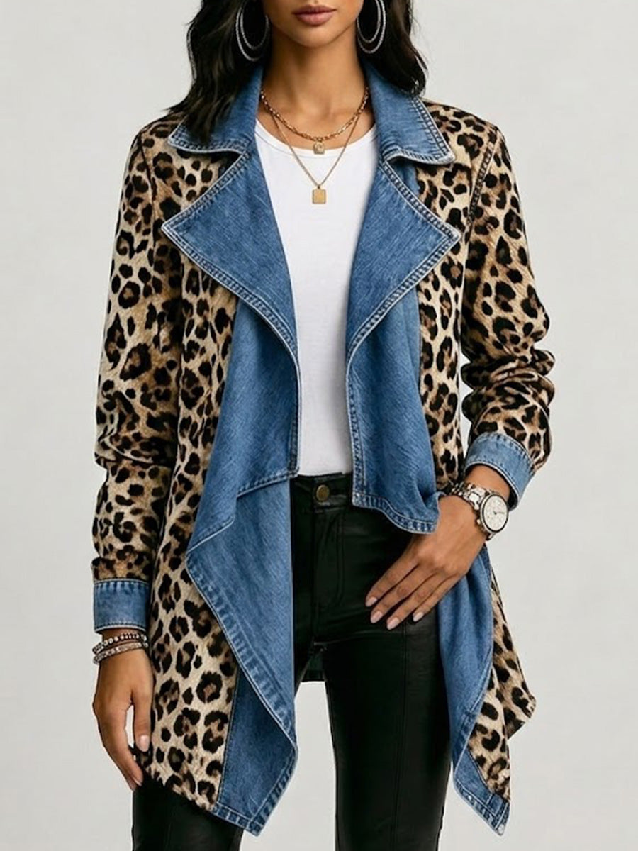 Sheila™ | Chaqueta de Largo Medio con Estampado Leopardo y Paneles de Denim Lavado