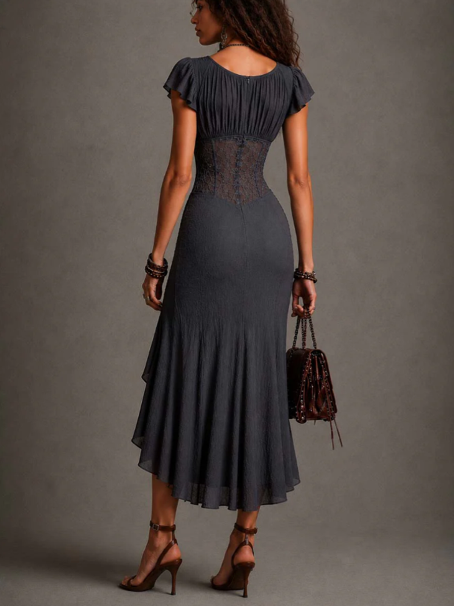 Camila | Vestido midi de encaje con escote en V gris antracita