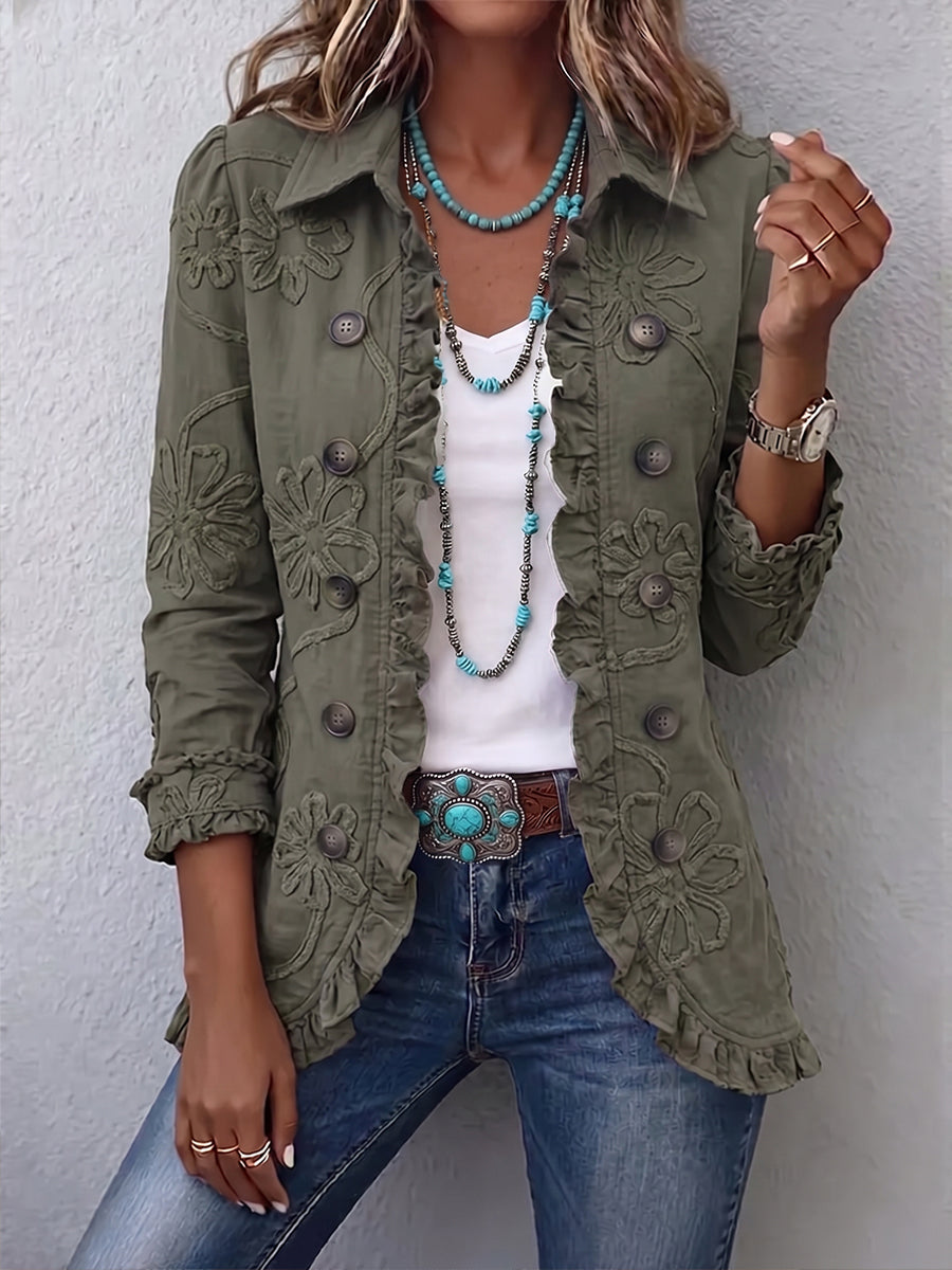 Victoria | Chaqueta Boho-Chic con Bordado Floral y Ribete de Volantes
