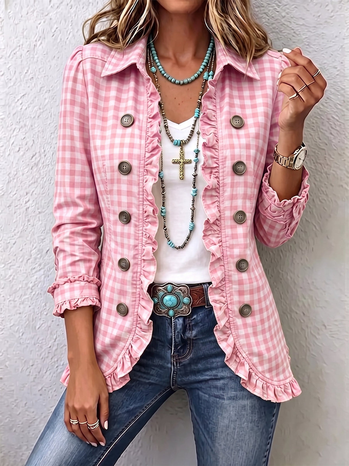 Manuela™ | Chaqueta de Cuadros Vichy con Volantes y Botones