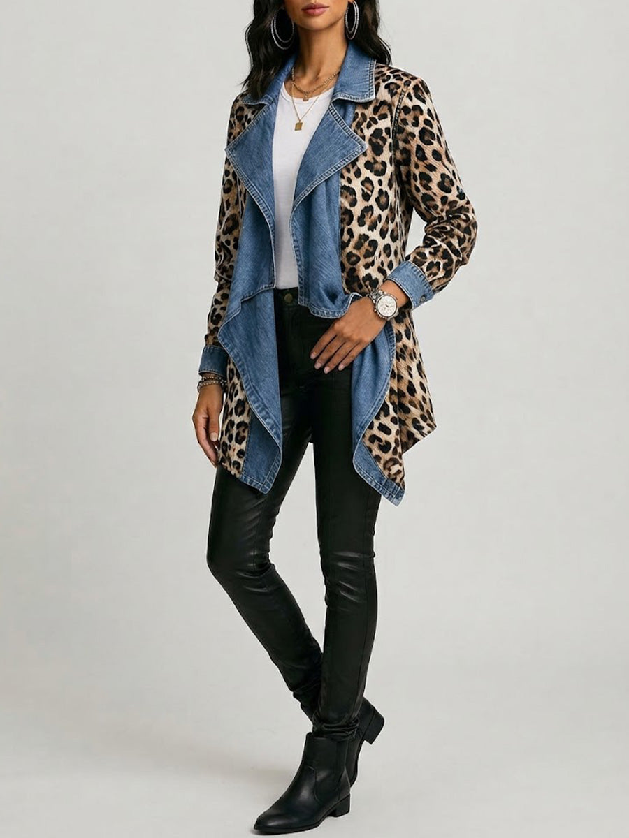 Sheila™ | Chaqueta de Largo Medio con Estampado Leopardo y Paneles de Denim Lavado