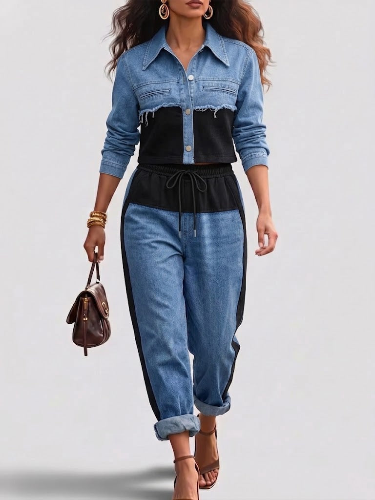 Georgina™ | Conjunto de Chaqueta Corta Color Block y Pantalón de Pierna Ancha