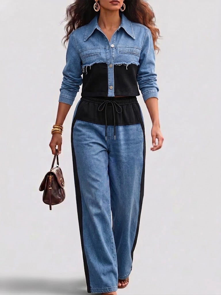 Georgina™ | Conjunto de Chaqueta Corta Color Block y Pantalón de Pierna Ancha