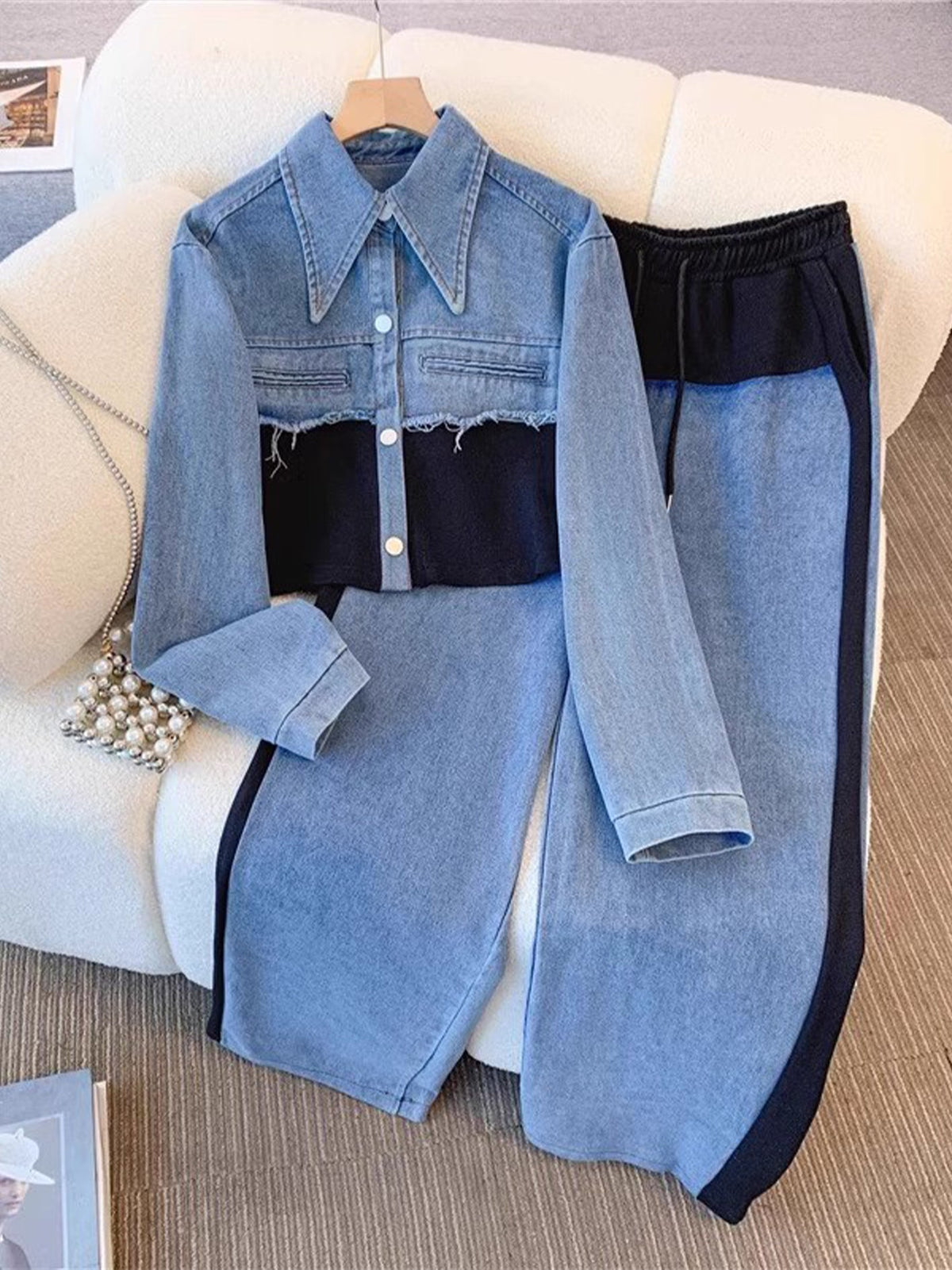 Georgina™ | Conjunto de Chaqueta Corta Color Block y Pantalón de Pierna Ancha